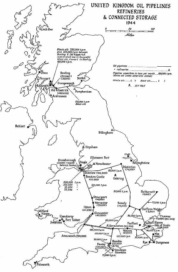 The national pipeline distribution network in 1944 before Milford Haven was connected to it 