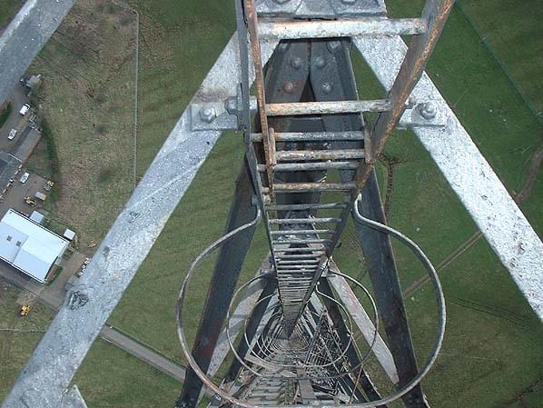 Looking down the ladder of one of the 820' masts (Rugby Radio Museum)