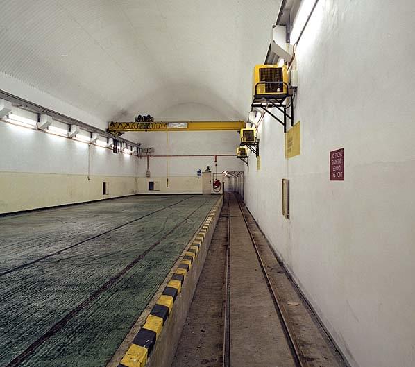 Looking north from the back of the storage chamber in No. 14 magazine. Note the gantry crane and the dehumidifiers on the right hand wall (Nick Catford)