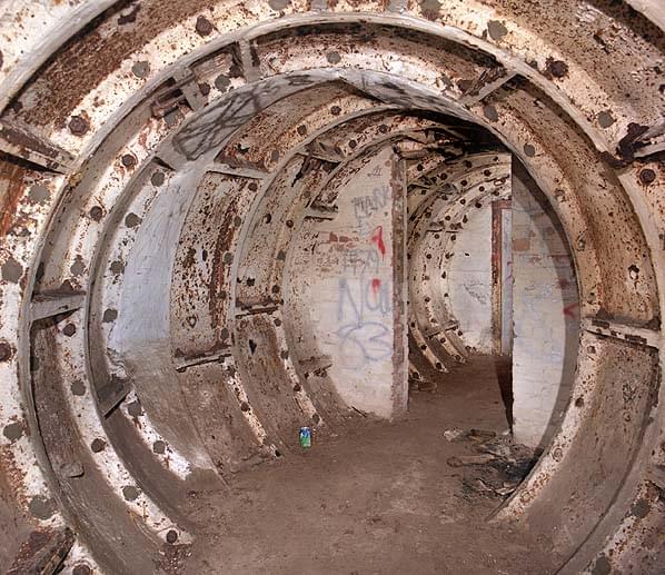 The bottom of the east ramp. The bunker is through the doorway (Nick Catford)
