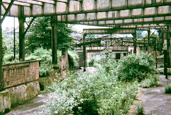 The overgrown platforms in July 1965. The ironwork that supported the arcaded walkway was still in place at this date but it was demolished a few years later (Ted Burgess)