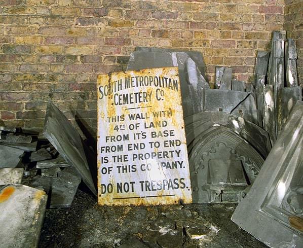 The South Metropolitan Cemetery Company built the cemetery in 1836/7. This enamel sign was found in one of the unused bays (Nick Catford)
