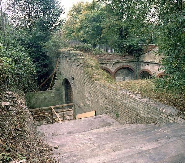 The steps down from the main floor of the Palace to the subway in October 1985. There has been some restoration and clearance of the steps (Nick Catford)