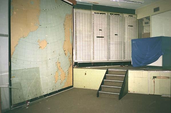 The operations room with a map of the north Atlantic and shipping display boards. The map is standing in the original well and the control cabins were up the stairs (Jim Crockett)