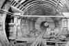 Construction of extension in 1952. 15' diameter chamber at base of Furnival Street Shaft. Opening on left leads to the shaft with 7' diameter tube in background (BT Archives)