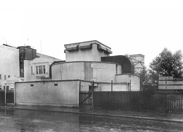 The south entrance in June 1956, the wooden sign on the building says 'London County Council Clapham South shelter' 
