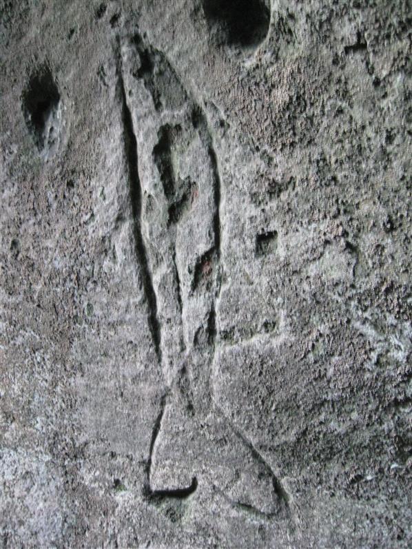 Beyond Castle Green, you eventually come to the cave that is now called Jonathan's Cave.  There are many carvings along its west wall.  This fish and this dog (or wolf?) are a couple of examples.  There is only one carving on the east wall - a Viking-style boat - but it is possibly the oldest known carving of a boat in Scotland (Save Wemyss Ancient Caves Society)