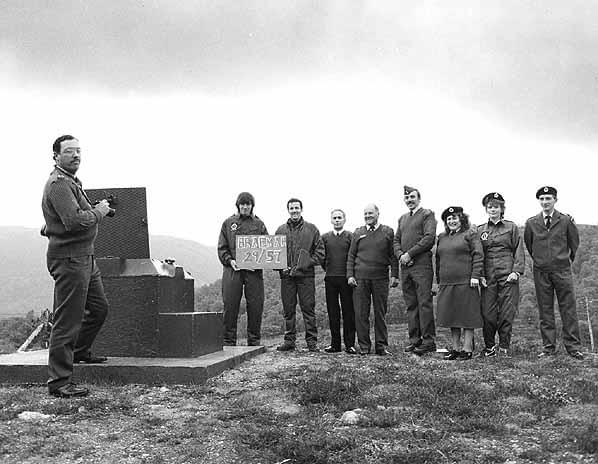 The photograph was taken on 10 Jun 1989 and marked the efforts of Chief Observer Hewitt to tour all 29 Group Posts during the period 10/11 Jun. This not only included all the posts within the Grampian region but also 3 posts in Orkney and 4 in Shetland. The photograph illustrates from the left to right: Chief Observer Richard Hewitt (29 Group Control), Observer Tom Graham (Post), Observer Perry Harper (Post), Observer John Staven (Post), Observer Lieutenant Harold Fraser, Chief Observer Richard Graham (Post), Woman Observer Chris Mackay (Post), Woman Observer Wendy Dalling (Post) and Observer David Robertson (29 Group Control) (David Robertson)