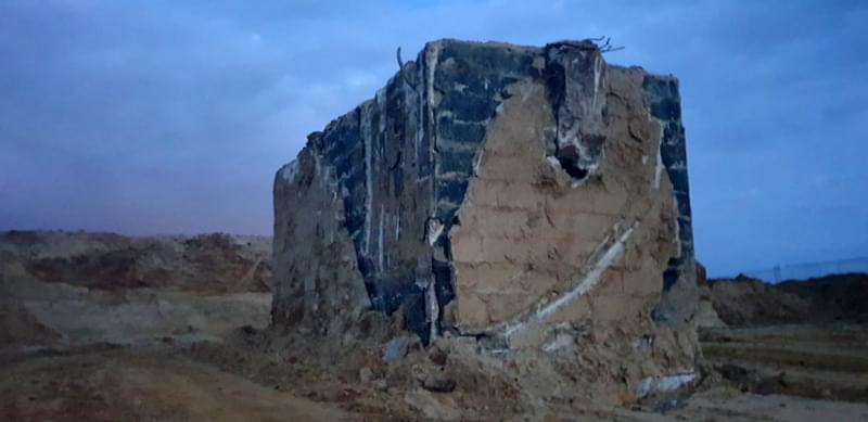 The post once all the surrounding round had been removed.  In the images you can see the cable inlet pipe, whats left of the doglegged air vent at the rear of the bunker , a slight bulge at the top where the access shaft was filled in and covered over and the black stuff is the waterproof tanking.   (Jack Watkins)
