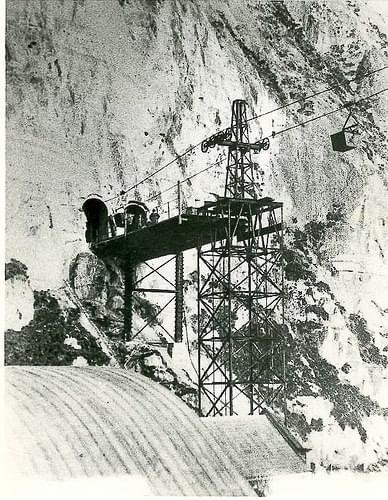 Tilmanstone Ropeway emerging from tunnels above Dover Eastern Docks. 