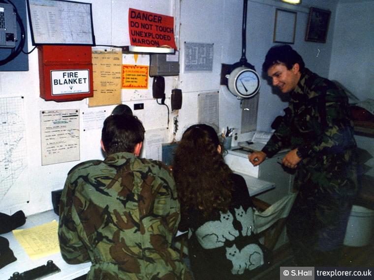 Stephen Hall (right) with two fellow ROC volunteers down in the underground Lepe bunker. (Stephen Hall)