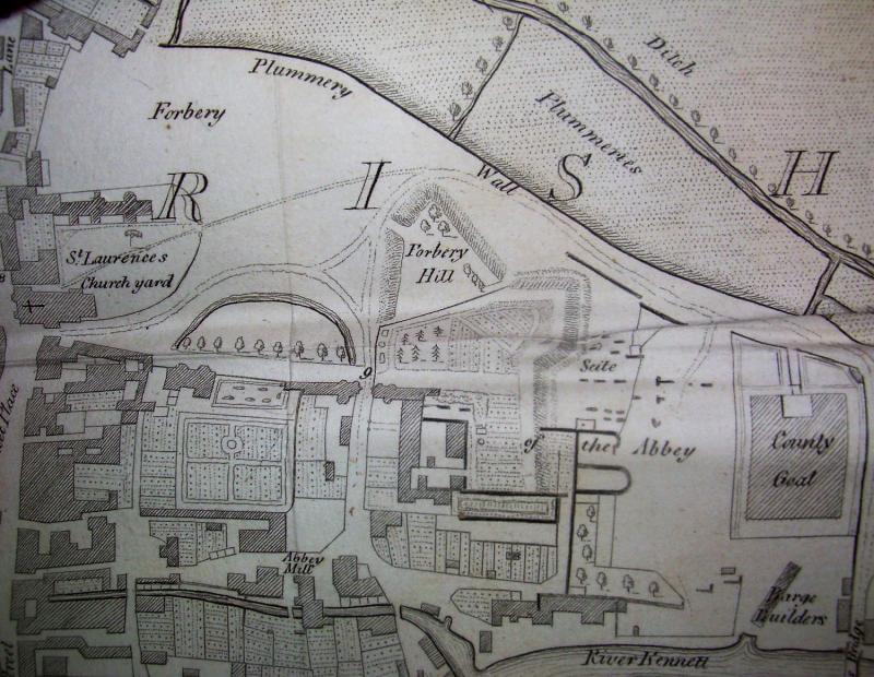 Tomkins map of Reading 1802 showing the Forbury Fort (from C. Coates, The History and Antiquites of Reading, 1802) (Reading Museum)
