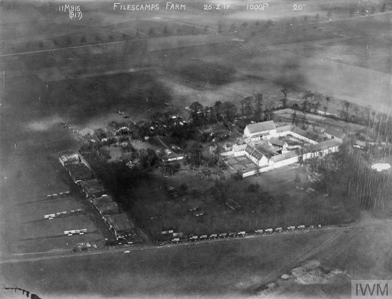 Aerial view of Filescamp Farm when used as an RFC airfield during World War I. (© IWM HU 103076)