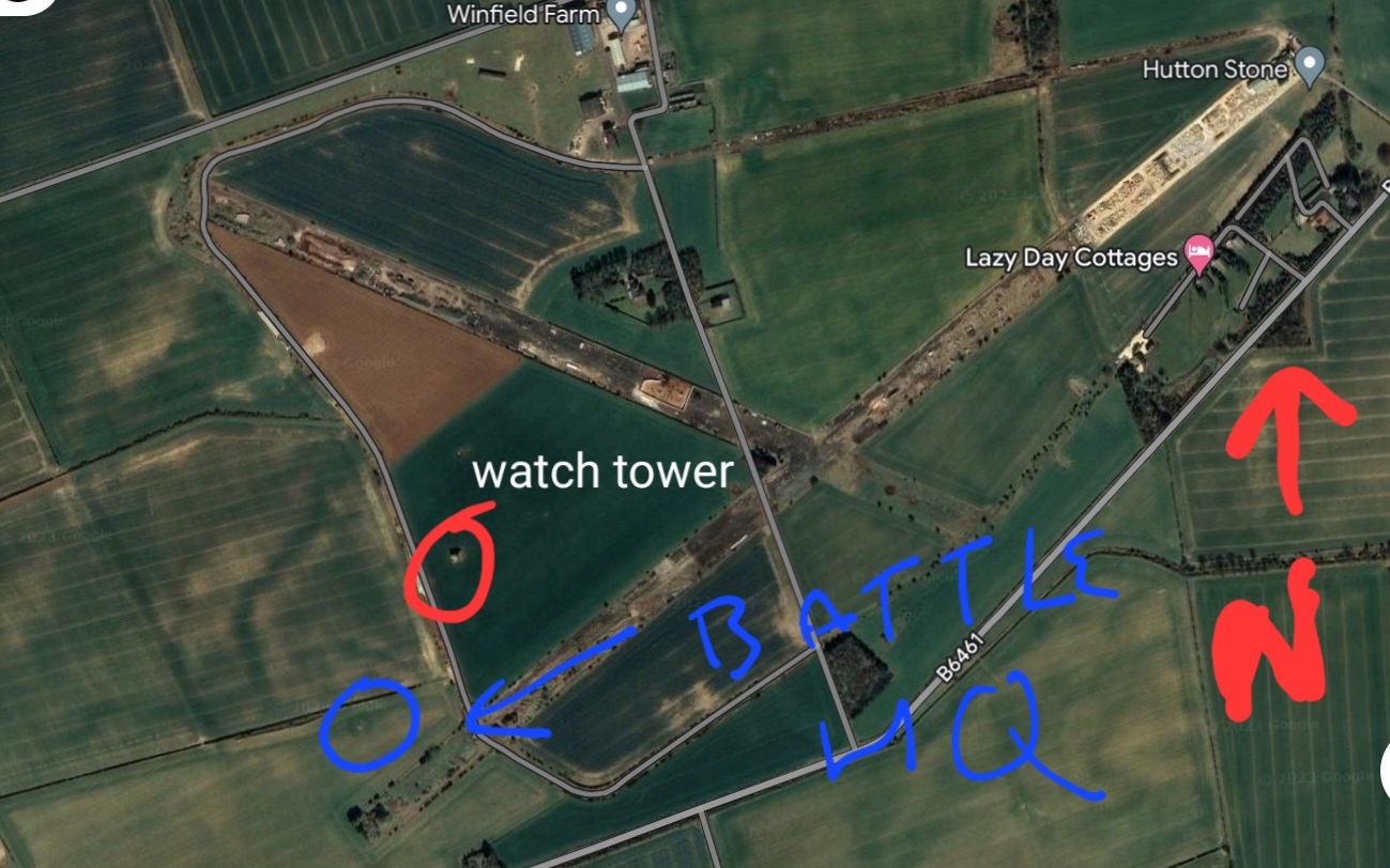 The Battle HQ highlighted on an annotated aerial map. (Colin Finlay - 2023)