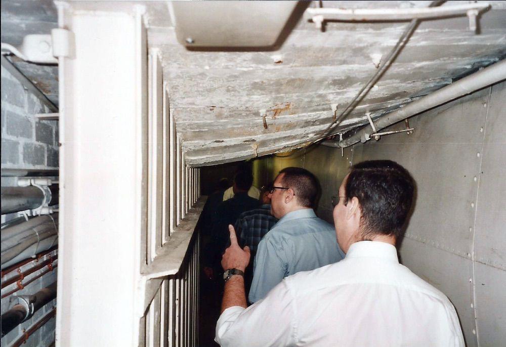 Buckled ceiling due to nearby V1 explosion in 1944 (Roger Newark - c.2001)