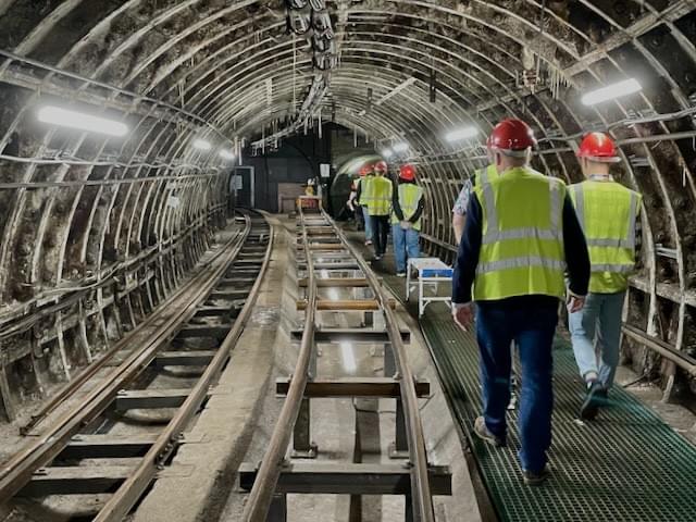 Westbound tunnel from Mount Pleasant. The track to the western loop has been removed and an elevated section added in the middle to provide a maintenance area for the passenger trains.  The main line goes off to the left, the loop is to the right.  (Neil Iosson - 2024)